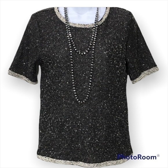 cabi 542 coco shell black knit rear zip top short sleeve sweater size small - Picture 3 of 8